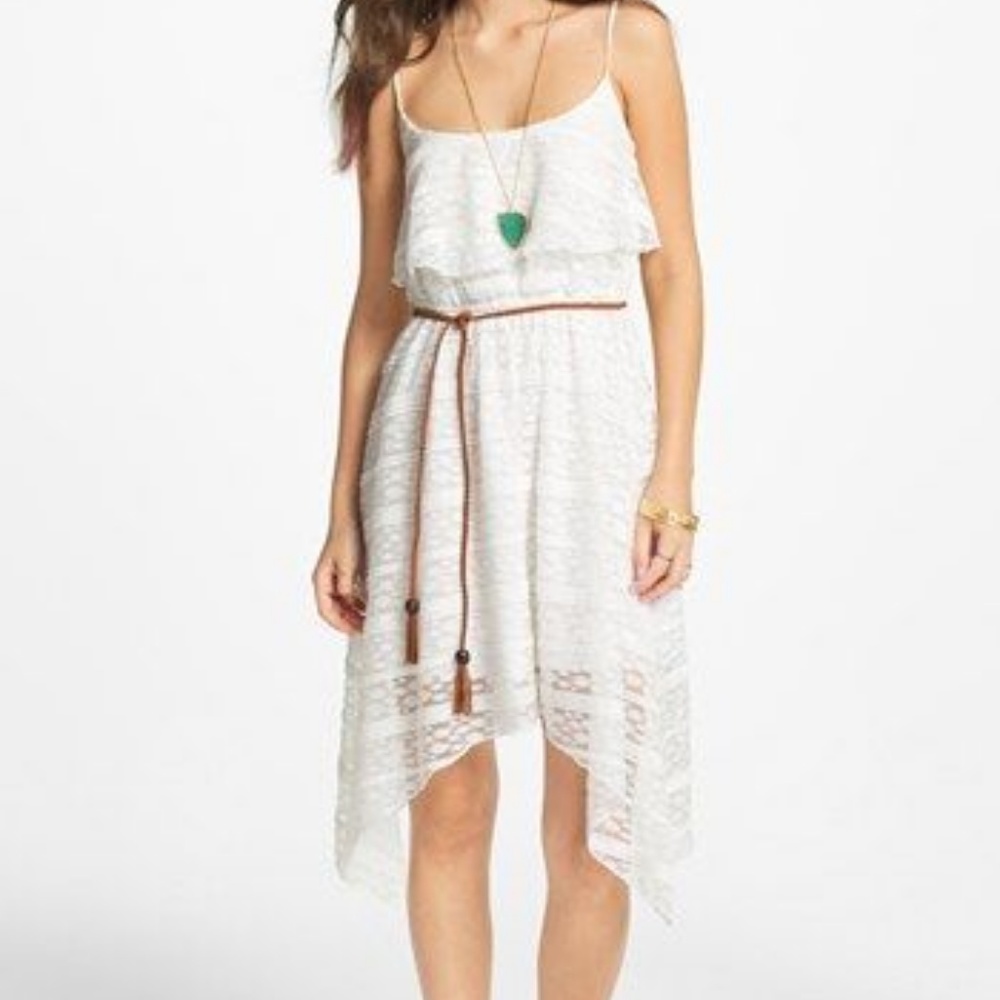 Asymmetrical Hi-Lo Sleeveless Crocheted Lace Sundress Trixxi White Polkadot Med